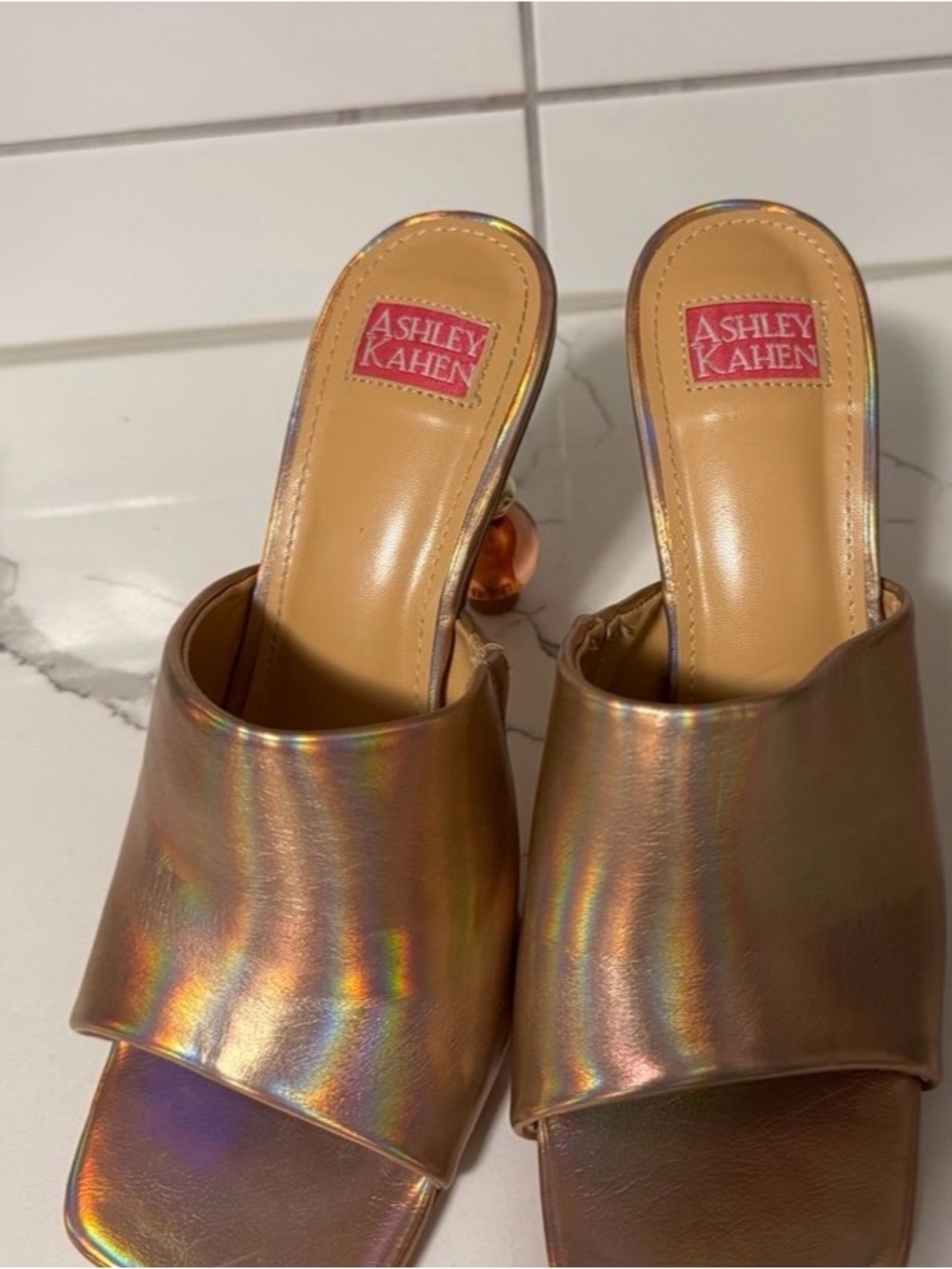 Ashley Kahen Holographic Slide Mule Heels Womens Size 8 Iridescent Metallic Rose